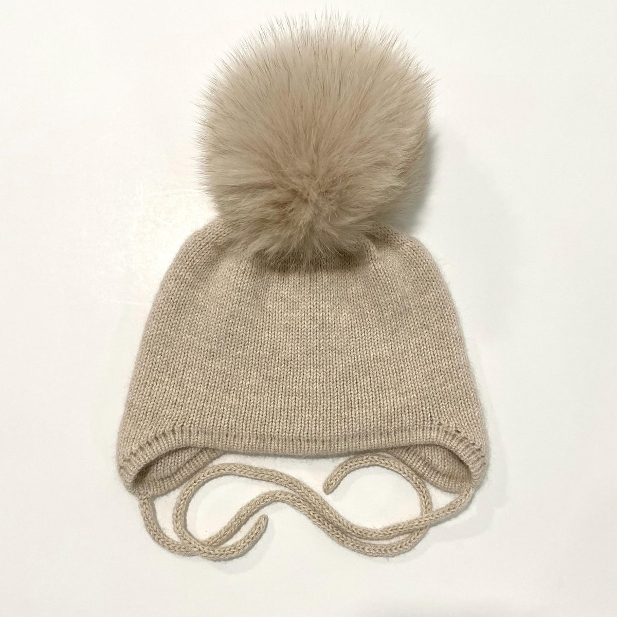 Cashmere Baby Knit Hat: Fox Fur Pom-pom, Handmade in USA