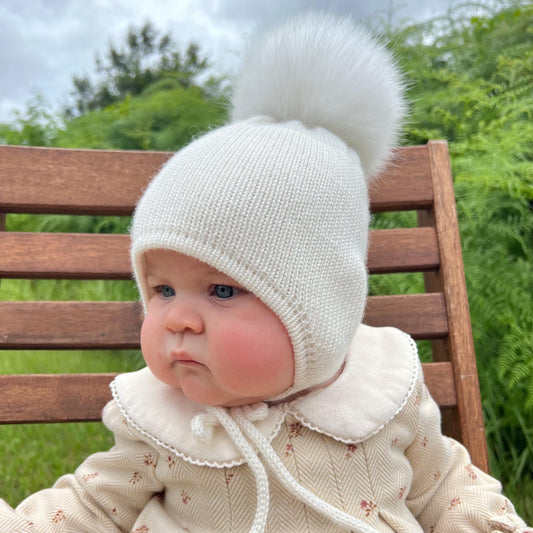 Cashmere Knit Baby Hat: Fox Fur Pom Pom, Handmade in USA