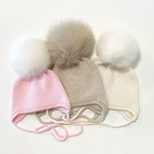 Cashmere Baby Knit Hat: Fox Fur Pom-pom, Handmade in USA