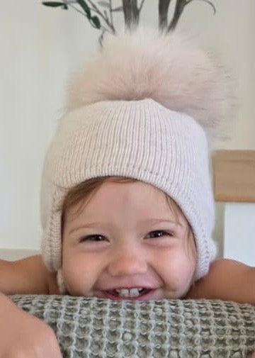 Cashmere Knit Baby Hat: Fox Fur Pom Pom, Handmade in USA