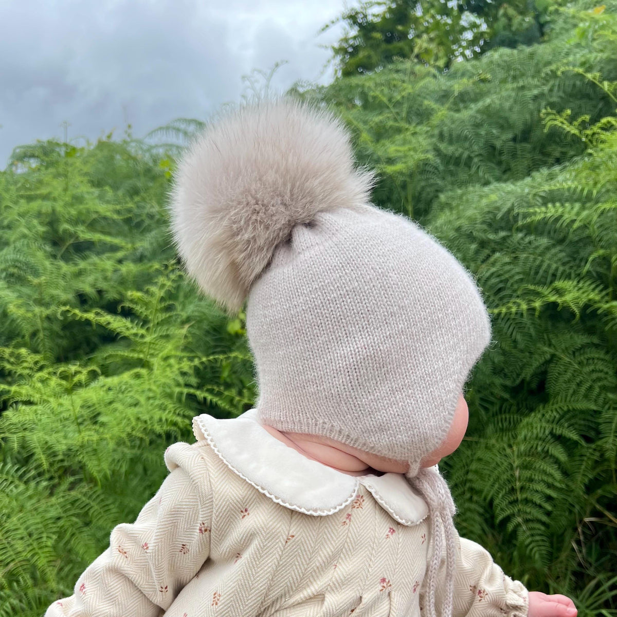 Cashmere Baby Knit Hat: Fox Fur Pom-pom, Handmade in USA