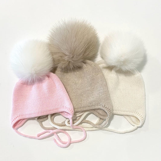 Cashmere Knit Baby Hat: Fox Fur Pom Pom, Handmade in USA