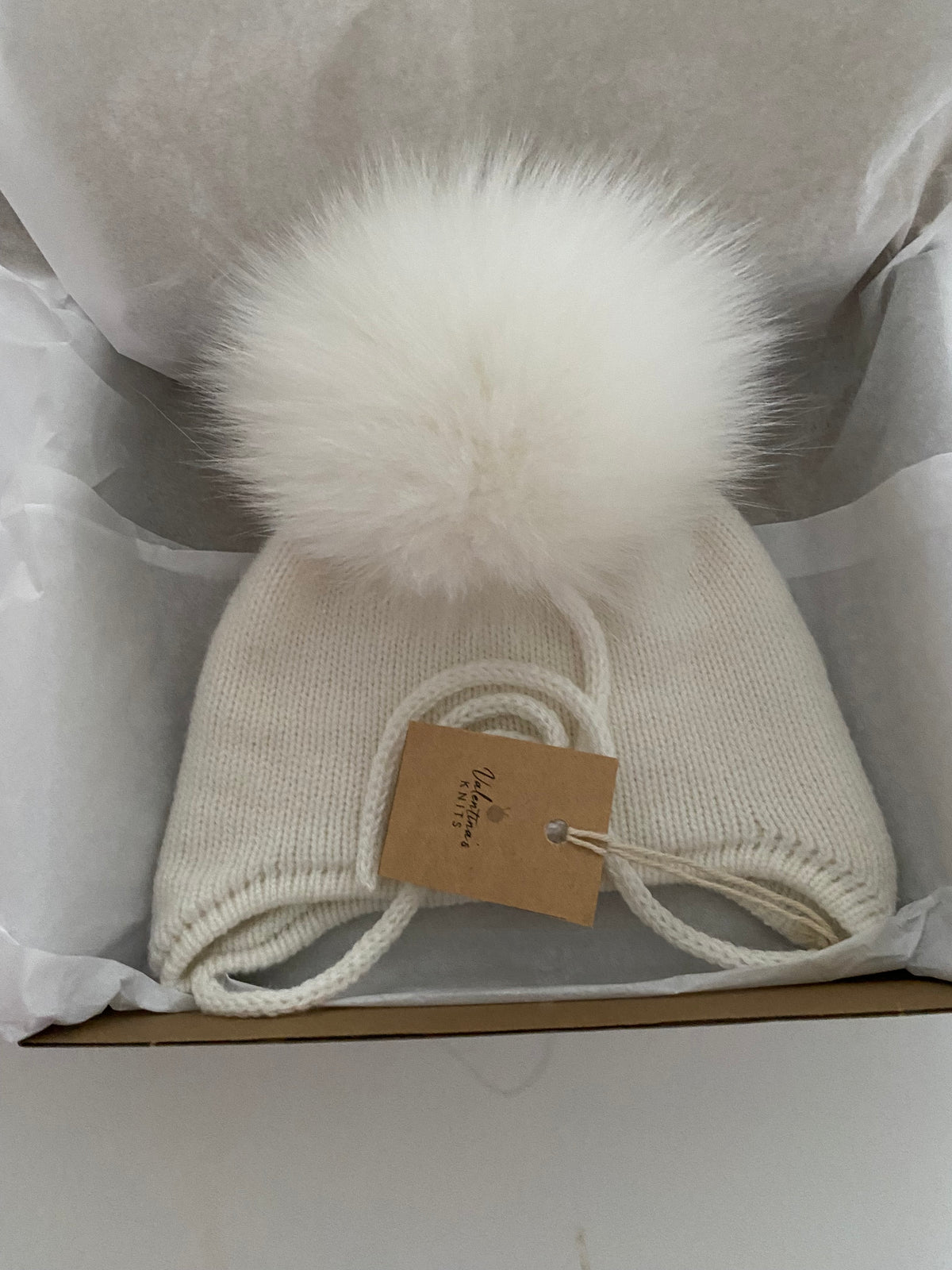 Cashmere Baby Knit Hat: Fox Fur Pom-pom, Handmade in USA