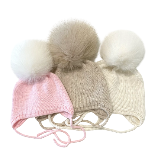 Cashmere Baby Knit Hat: Fox Fur Pom-pom, Handmade in USA