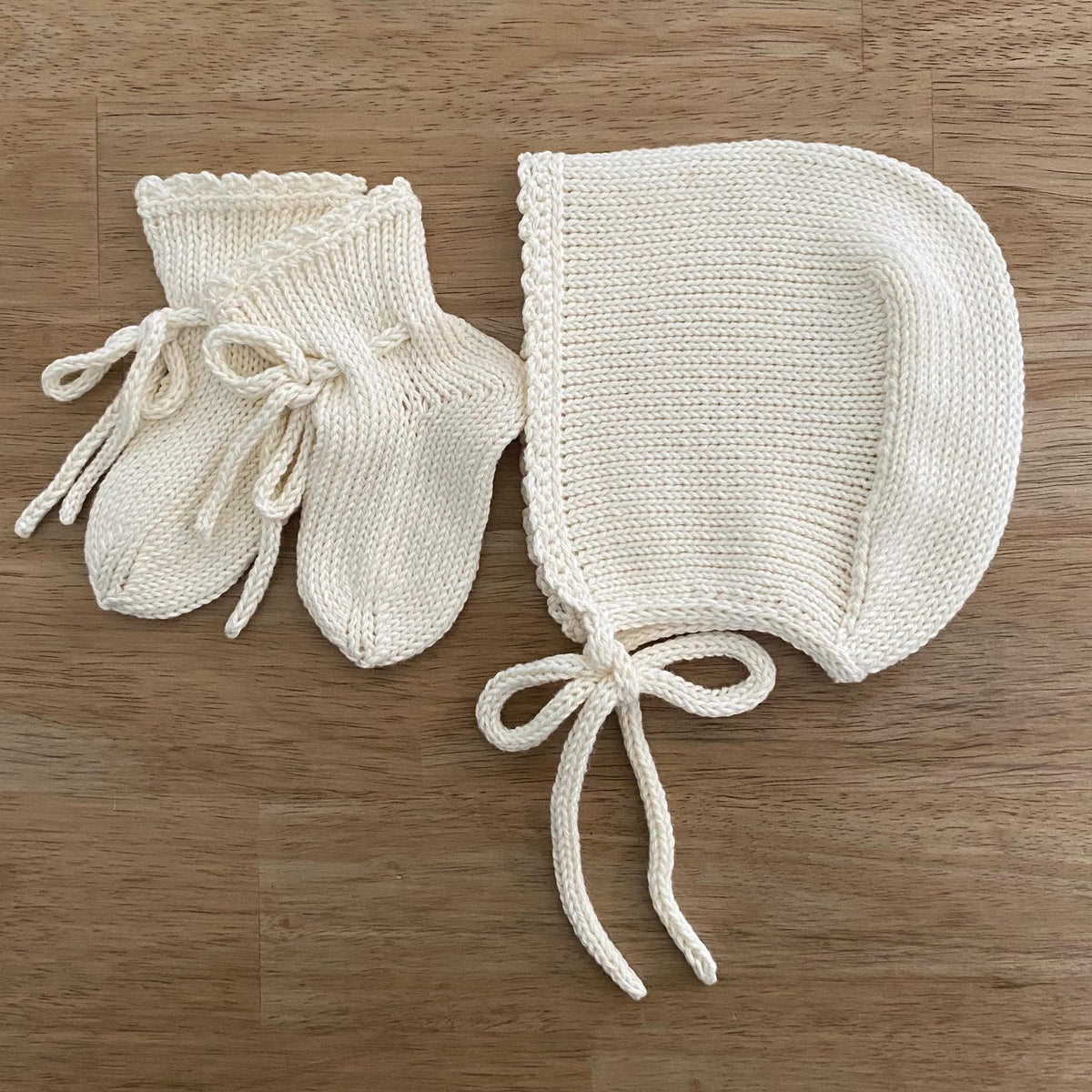 Handmade Cotton Baby Gift Set. Knit bonnet and socks. 100% cotton.