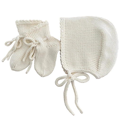 Handmade Cotton Baby Gift Set. Knit bonnet and socks. 100% cotton.