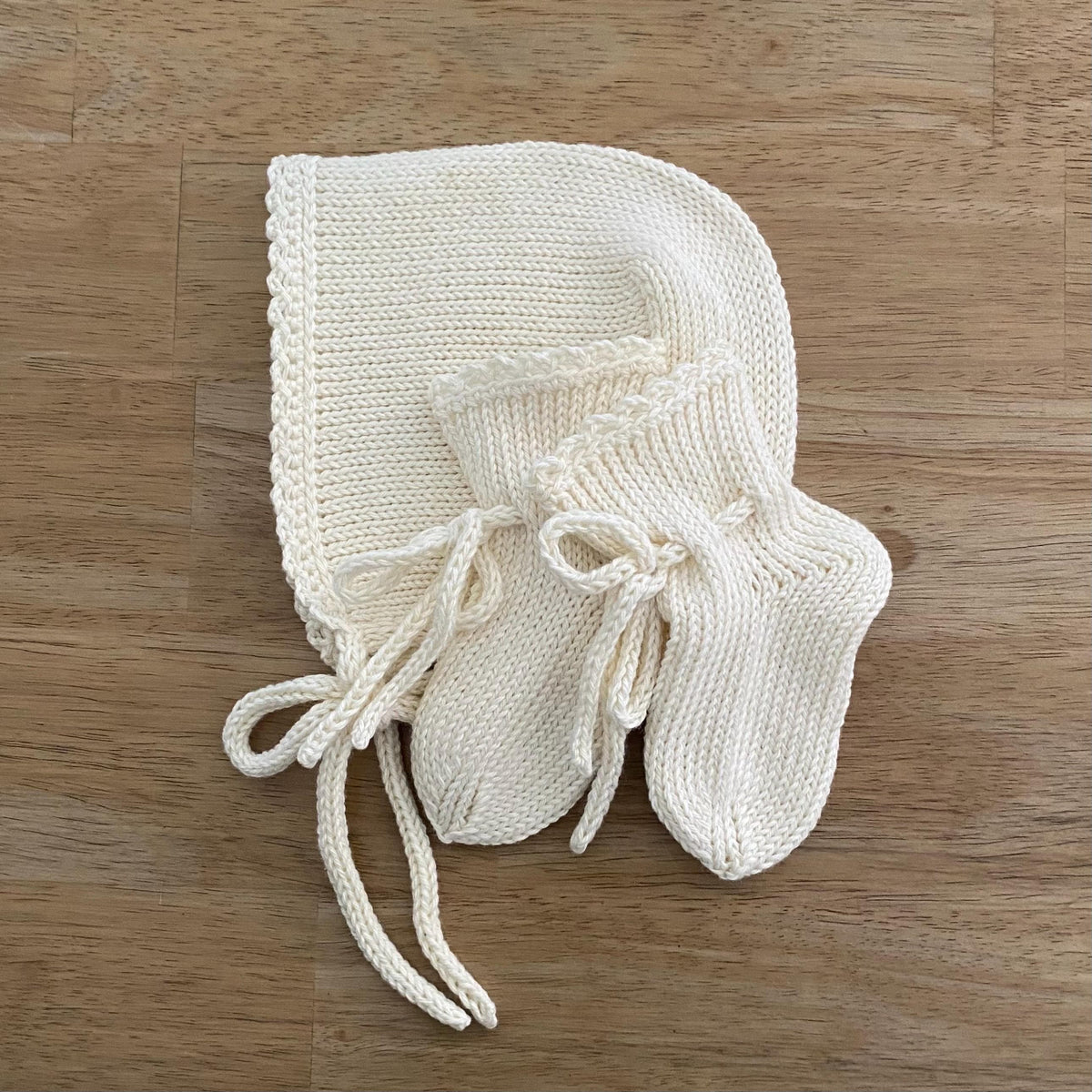 Handmade Cotton Baby Gift Set. Knit bonnet and socks. 100% cotton.