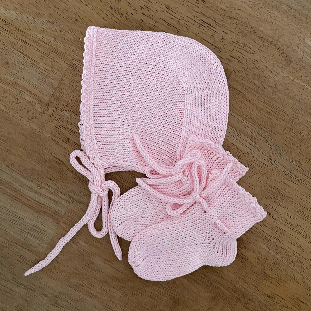 Handmade Cotton Baby Gift Set. Knit bonnet and socks. 100% cotton.