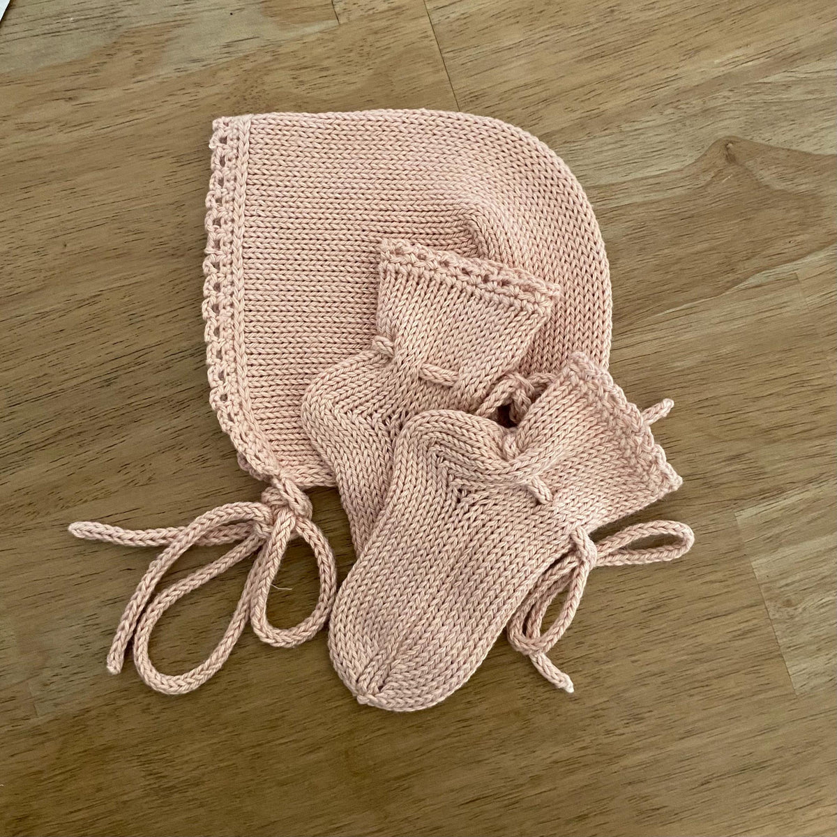 Handmade Cotton Baby Gift Set. Knit bonnet and socks. 100% cotton.