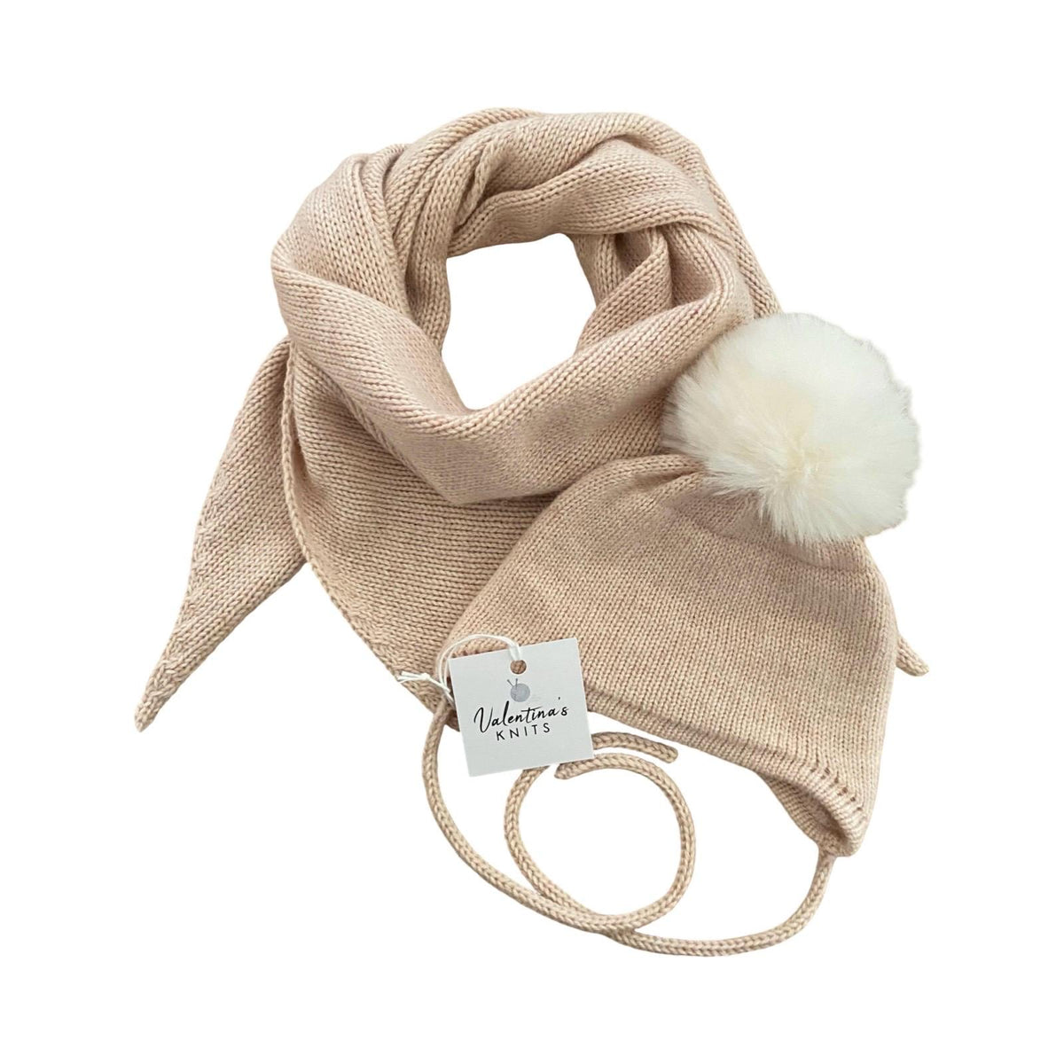 Handmade Cashmere Baby Winter Set, Faux Fox Pom-pom Hat and scarf.