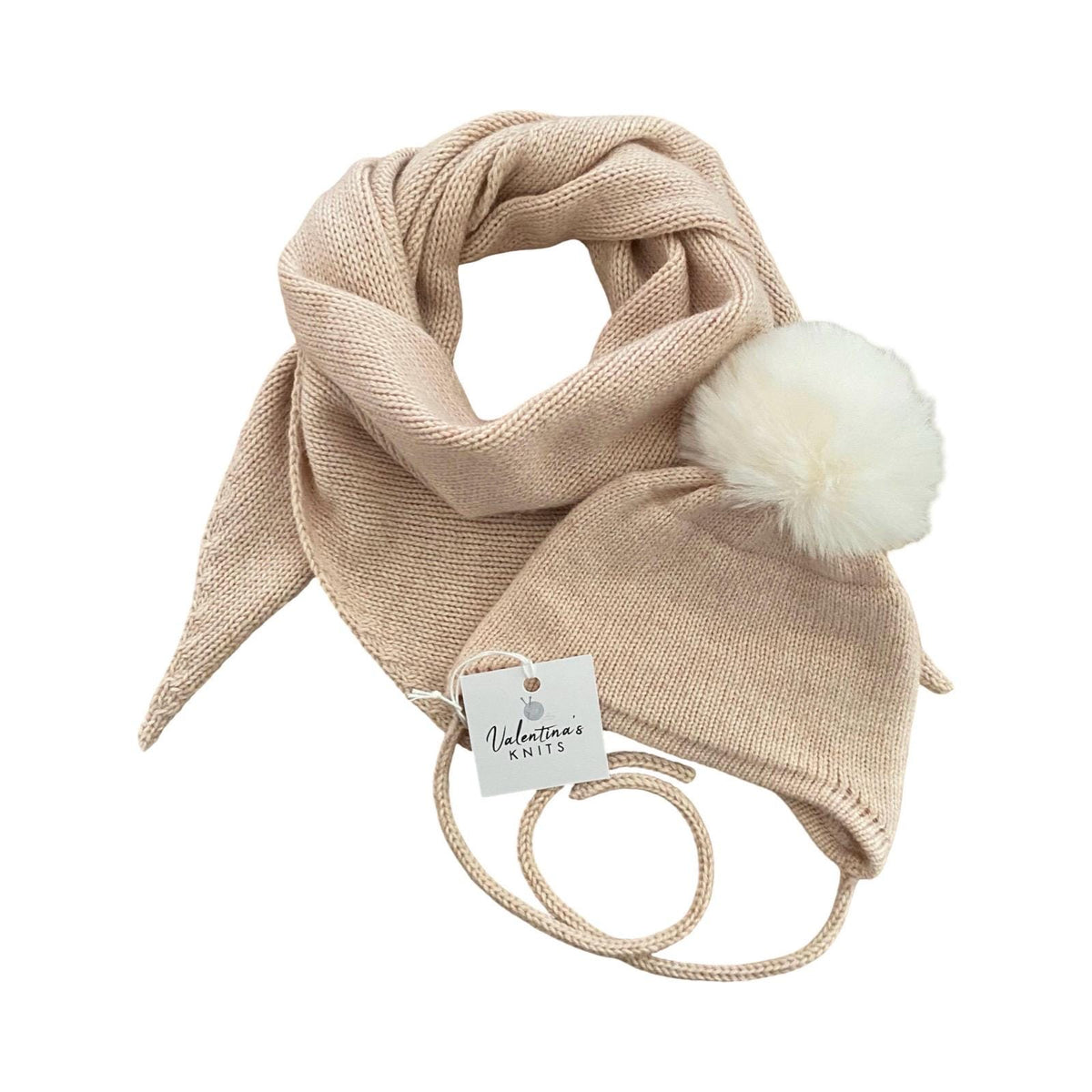 Handmade Cashmere Baby Winter Set, Faux Fox Pom-pom Hat, mittens and scarf.