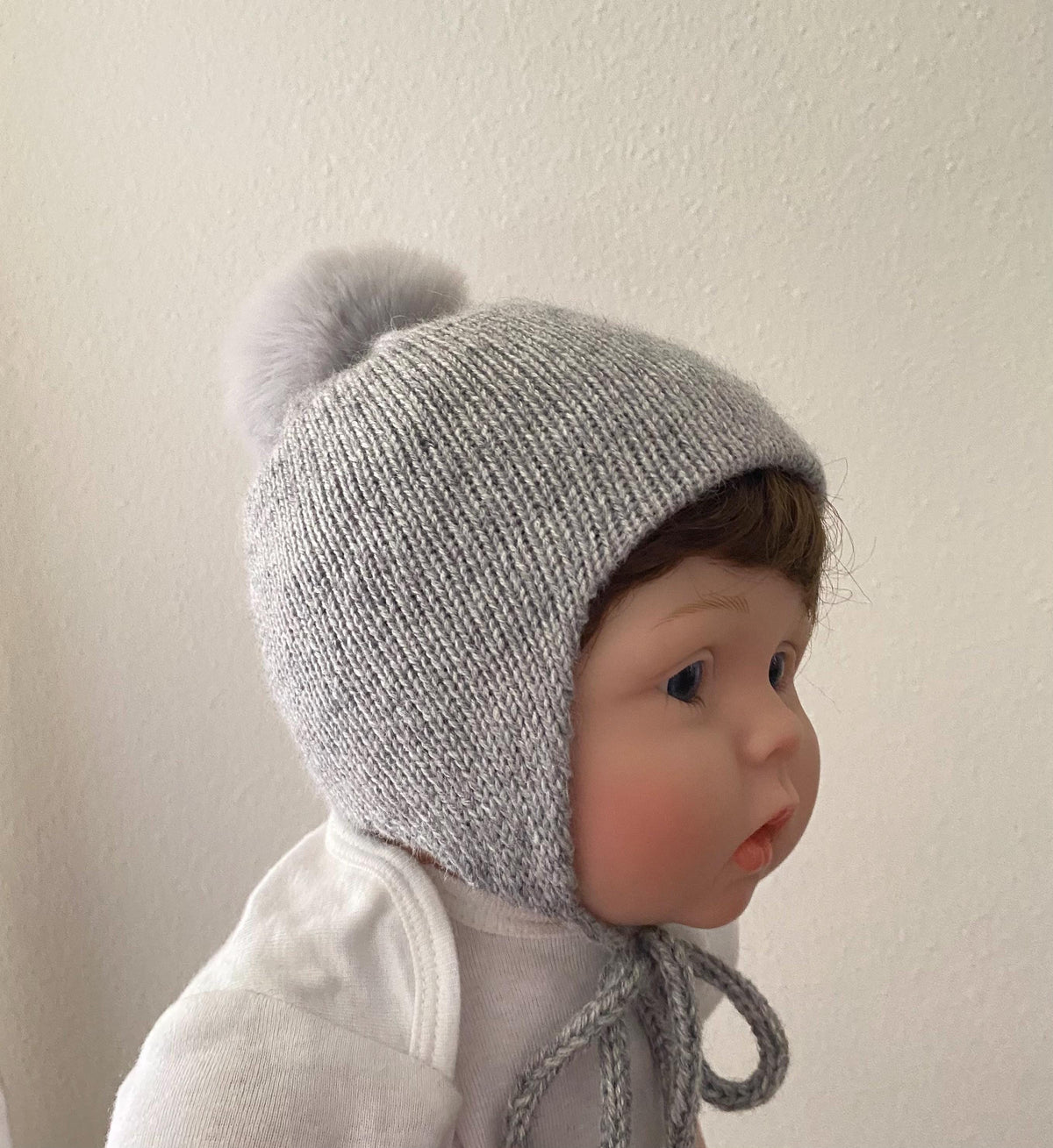 Cashmere Baby/Toddler Knit Hat with faux fox Pom-pom, Handmade in USA.