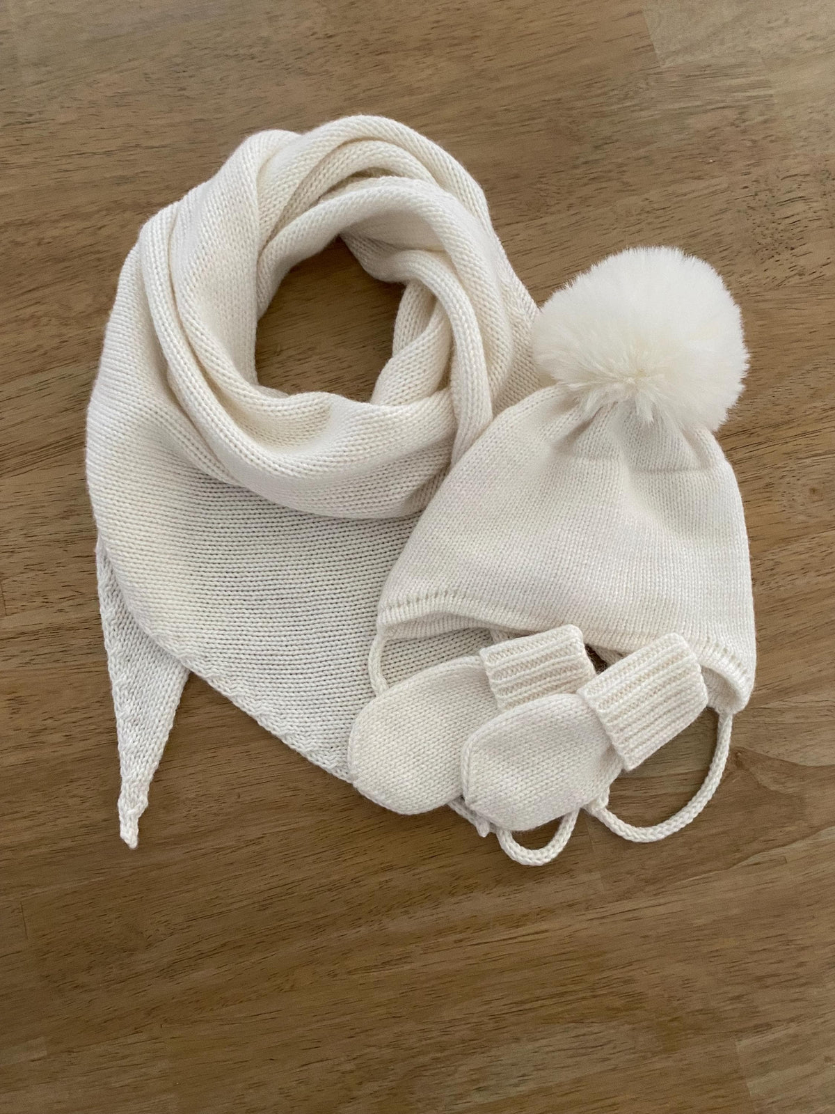 Handmade Cashmere Baby Winter Set, Faux Fox Pom-pom Hat and scarf.
