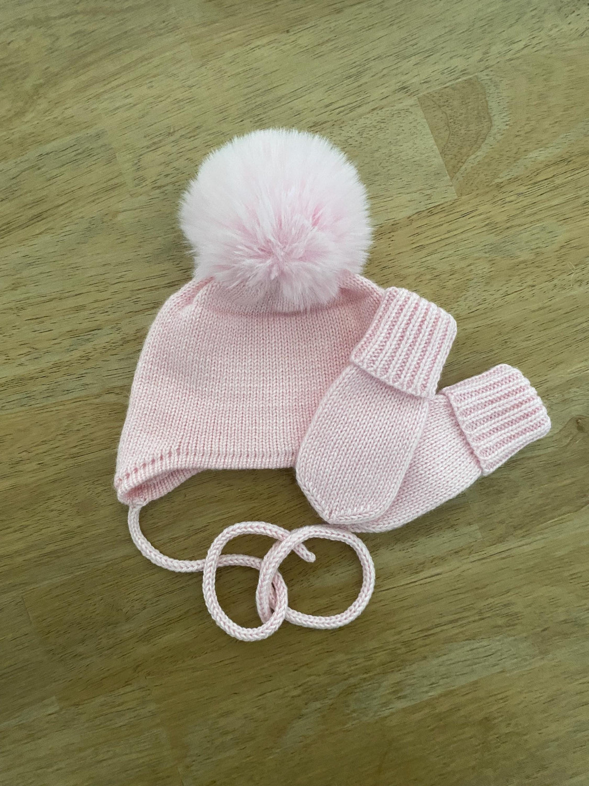 Handmade Cashmere Baby Winter Set, Faux Fox Pom-pom Hat, mittens and scarf.