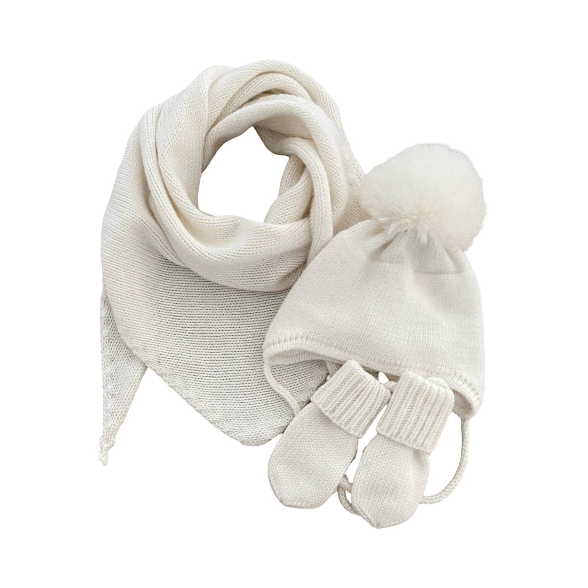 Handmade Cashmere Baby Winter Set, Faux Fox Pom-pom Hat, mittens and scarf.