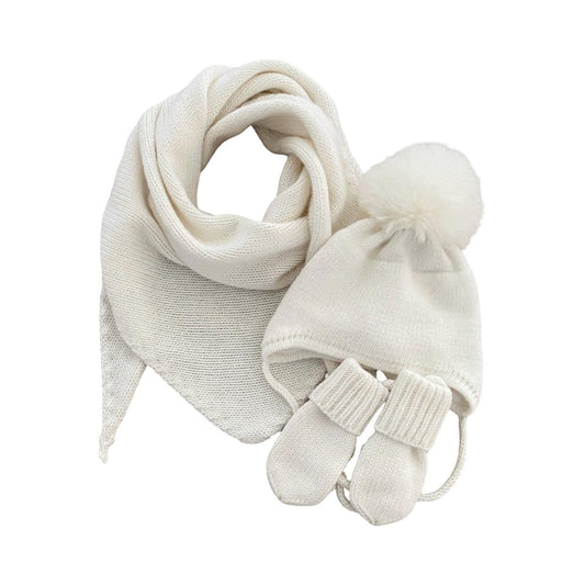 Handmade Cashmere Baby Winter Set, Faux Fox Pom-pom Hat, mittens and scarf.